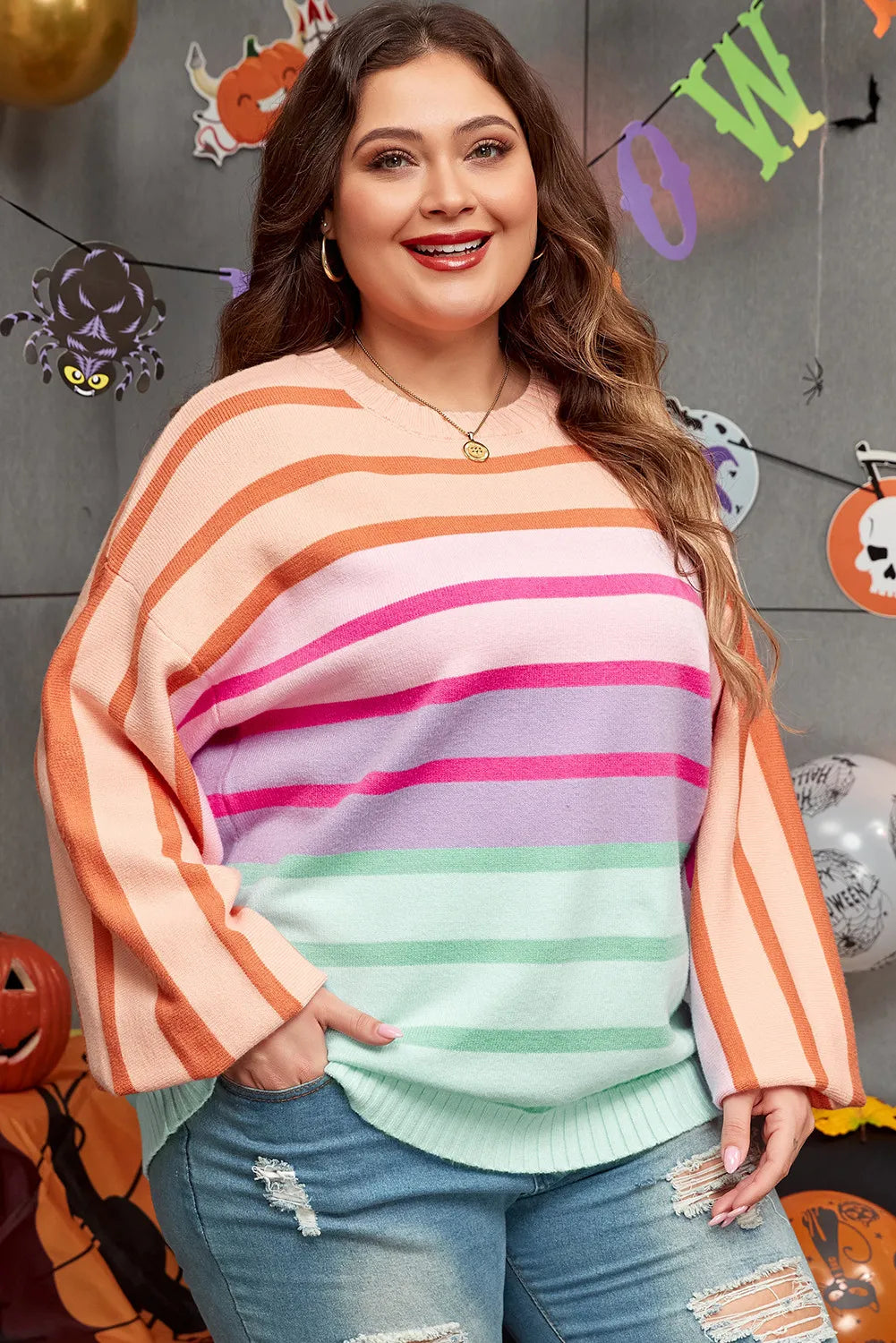 Striped Round Neck Long Sleeve Sweater
