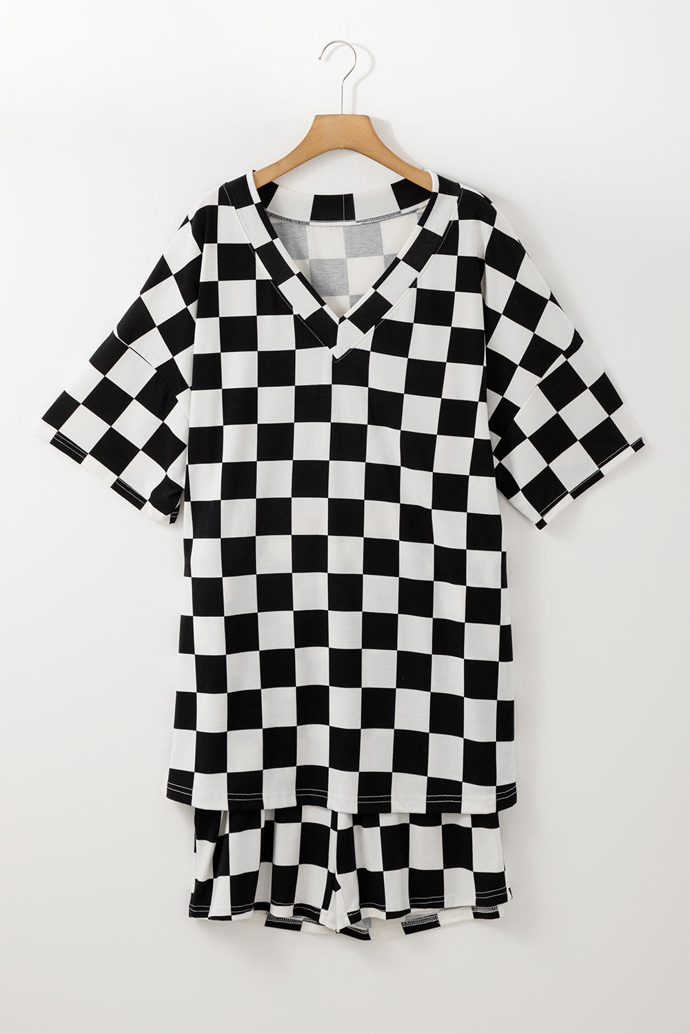 Black Checkered Pattern Tee and Shorts Two Piece Set