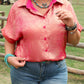 Rose Red Metallic Sheen Short Sleeve Button Up Shirt