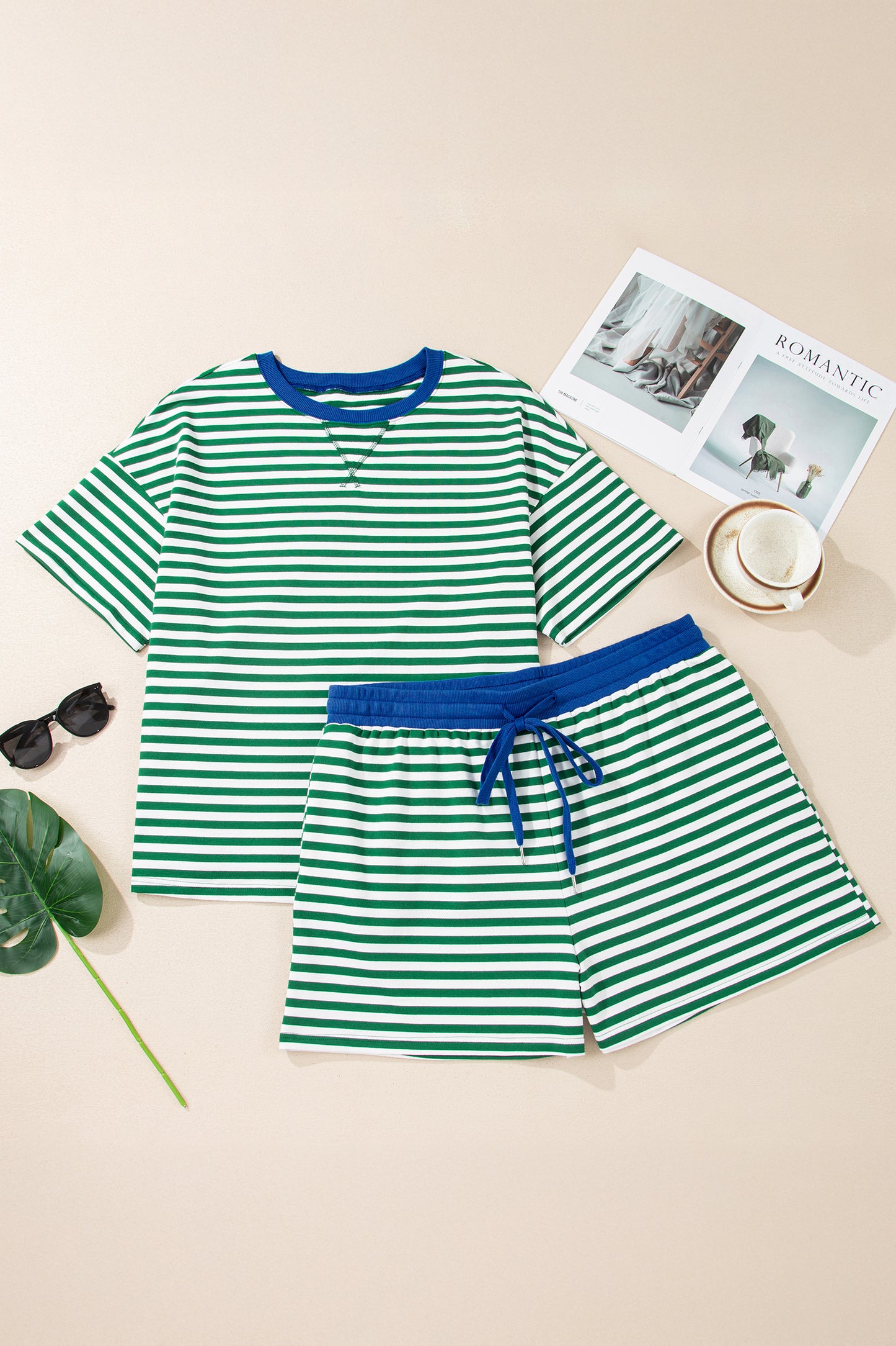 Green Stripe Boxy Tee Drawstring Elastic Waist Short Set