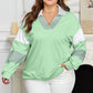 Moonlight Jade Color Block Striped Patchwork Collar V Neck Sweatshirt
