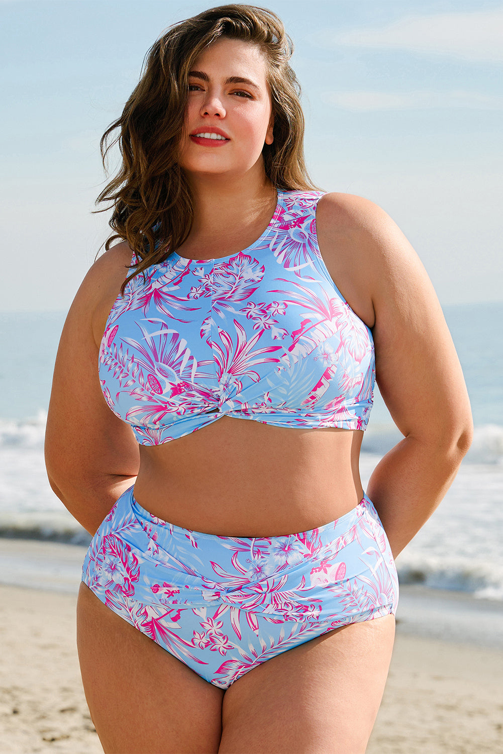 Sky Blue Floral Print Twisted High Waist Bikini Set