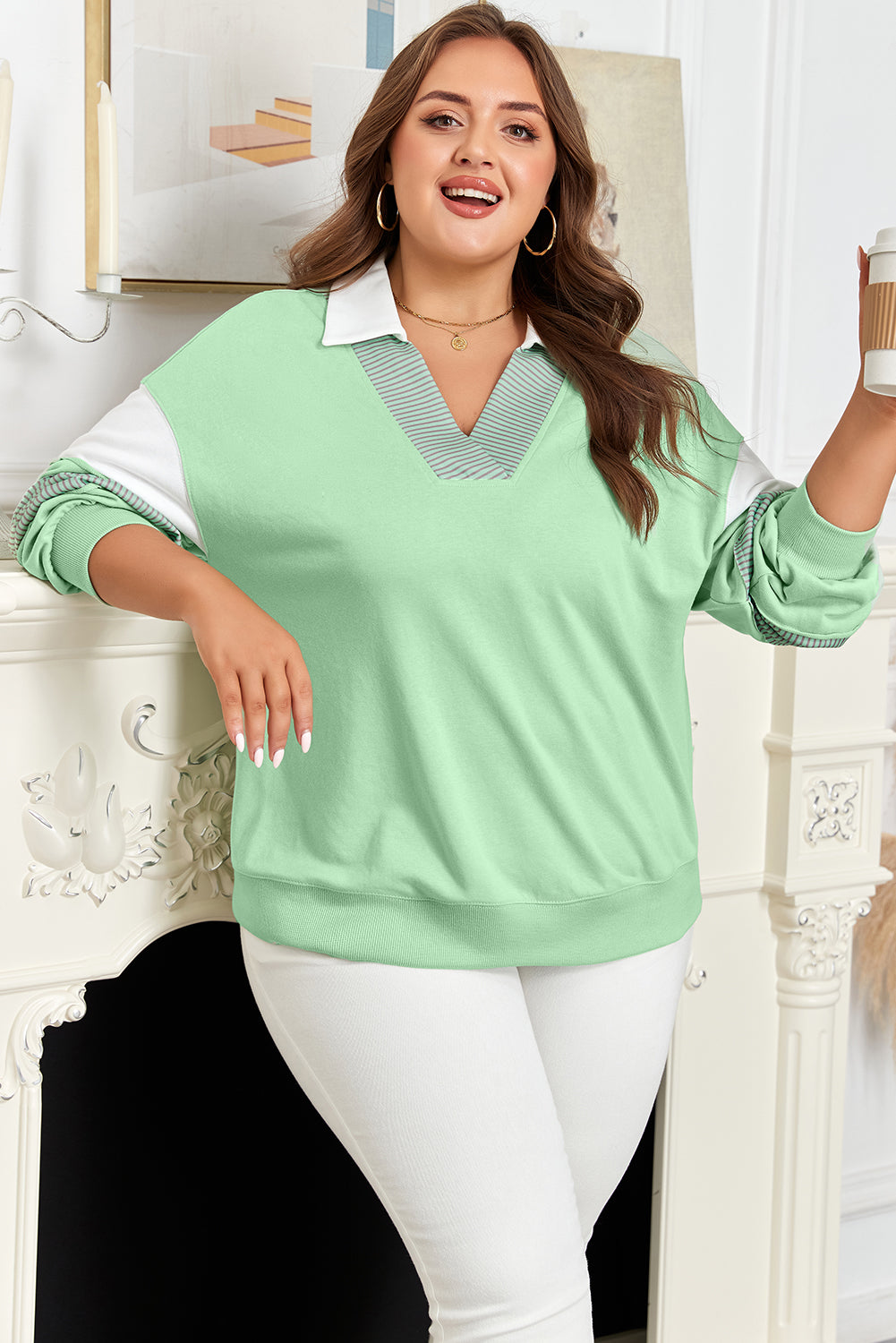 Moonlight Jade Color Block Striped Patchwork Collar V Neck Sweatshirt