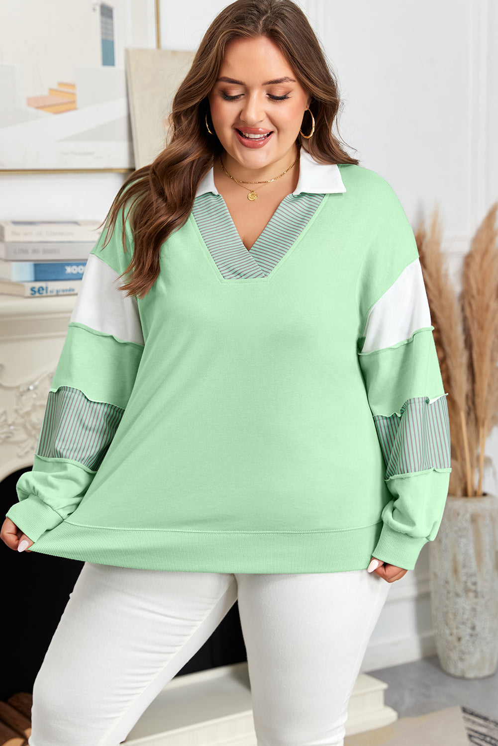 Moonlight Jade Color Block Striped Patchwork Collar V Neck Sweatshirt