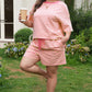 Rose Stripe Boxy Tee Drawstring Elastic Waist Short Set