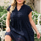 Navy Blue Dotty Textured Notched Neck Ruffled Dress