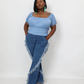 Casual Ruched Puff Sleeve Ribbed Knit Solid Top