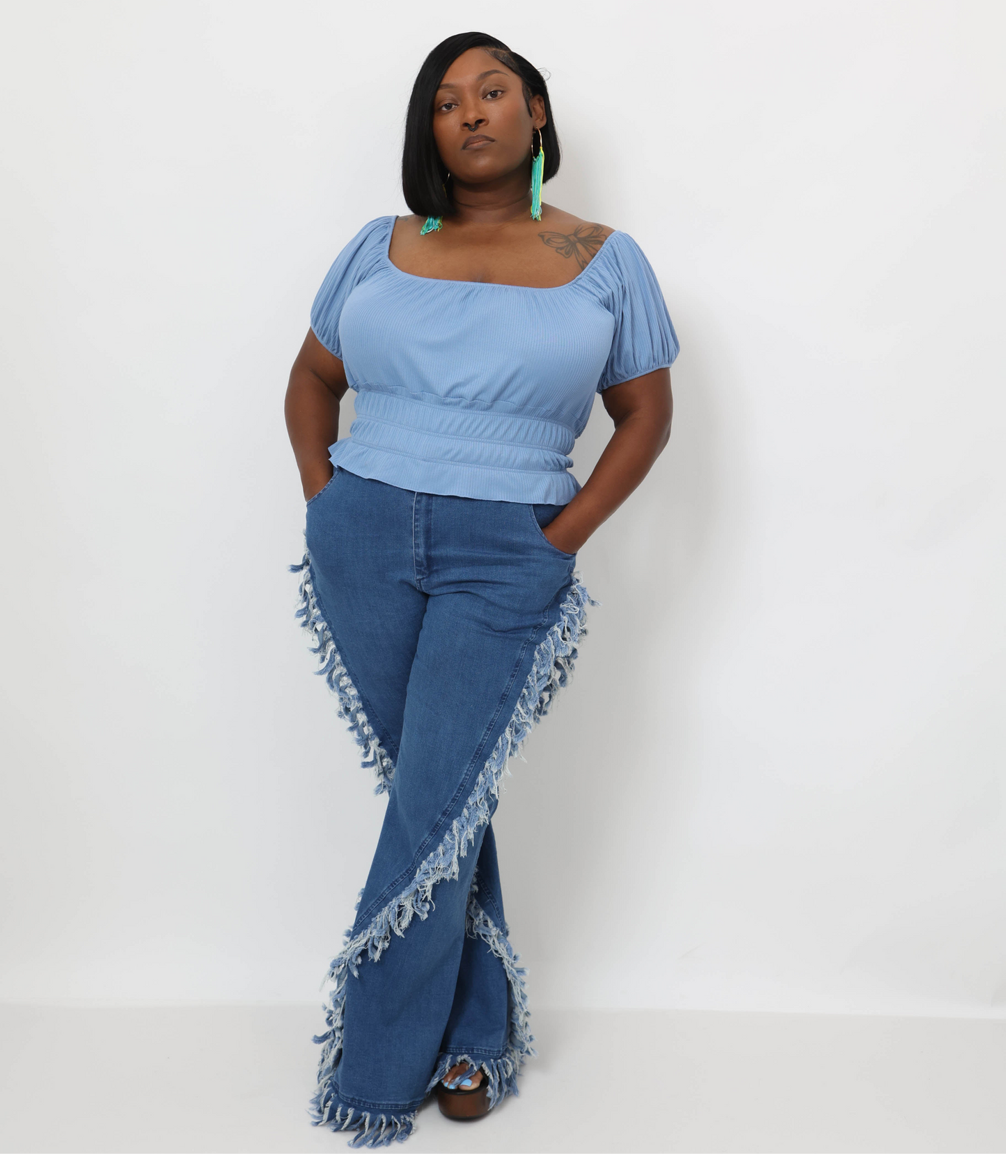 Casual Ruched Puff Sleeve Ribbed Knit Solid Top