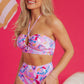 Pink Floral Printed Halter Neck High Waist Bikini