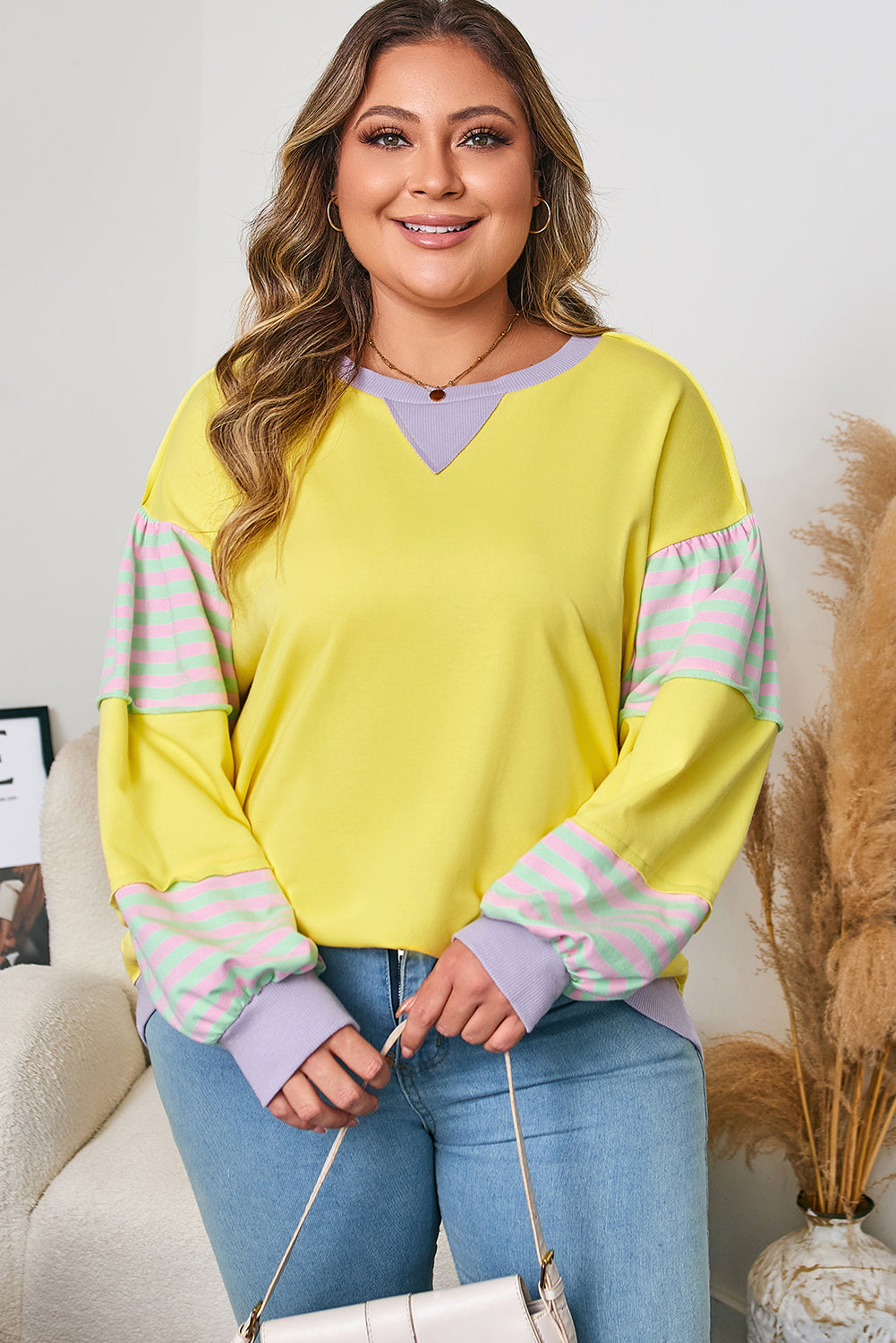 Yellow Striped Color Block Patchwork Crewneck Pullover Sweatshirt