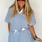 Blue Stripe Short Sleeve Collared V Neck Top Short Set