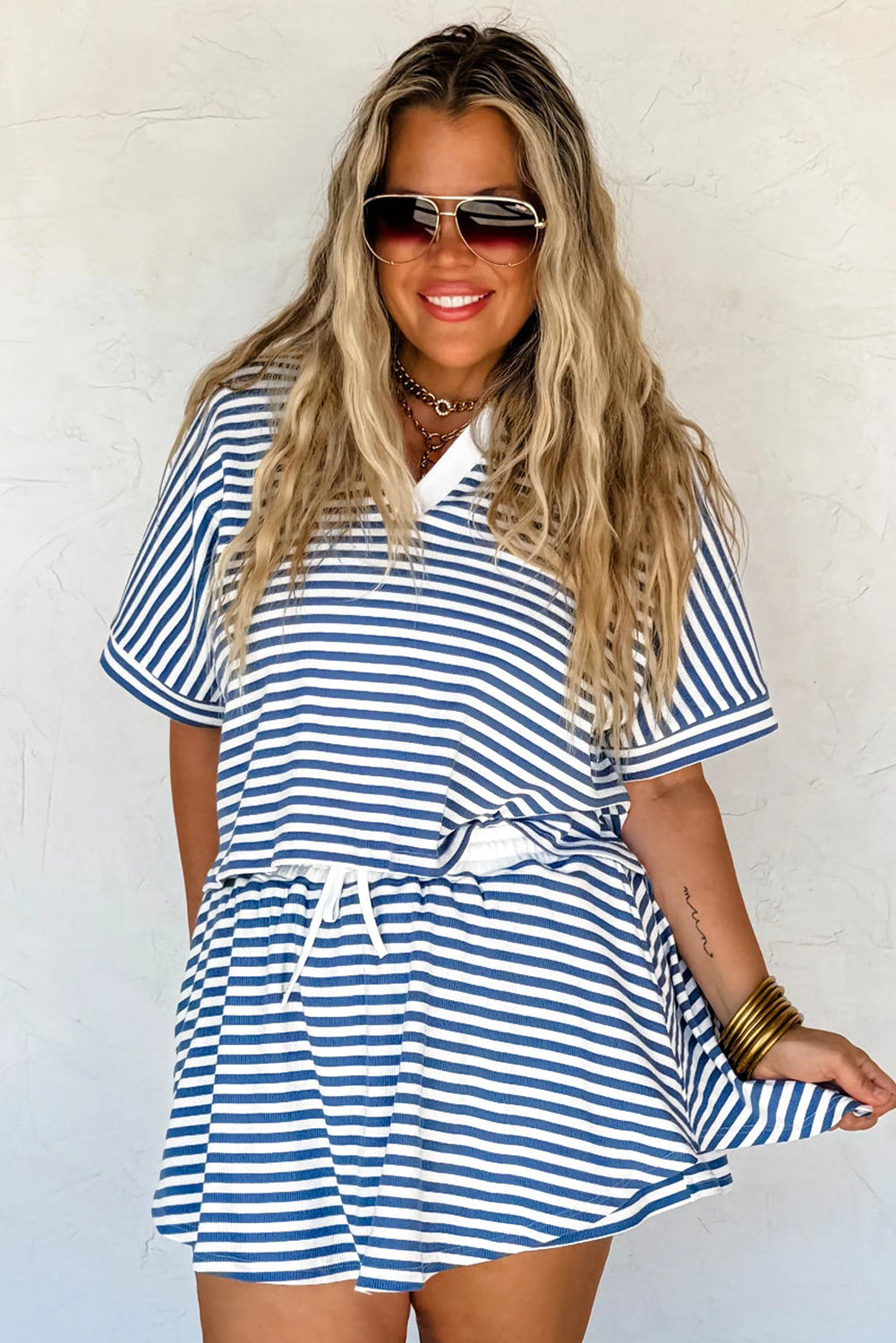Blue Stripe Short Sleeve Collared V Neck Top Short Set