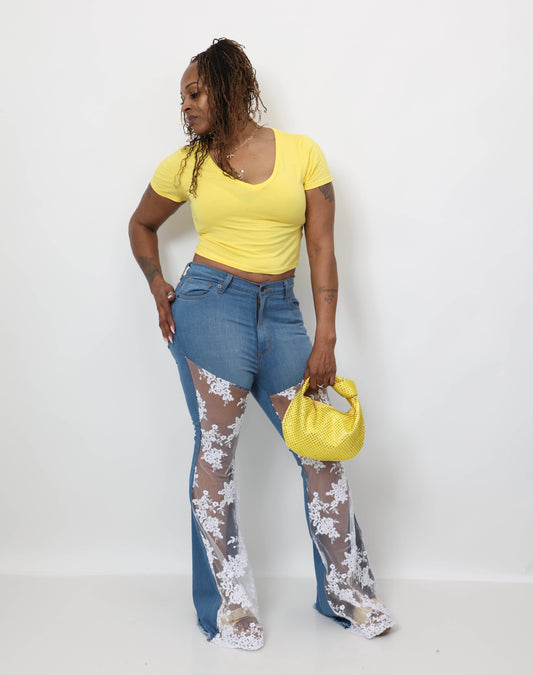 Lace Bell Bottom Jean in Medium Wash
