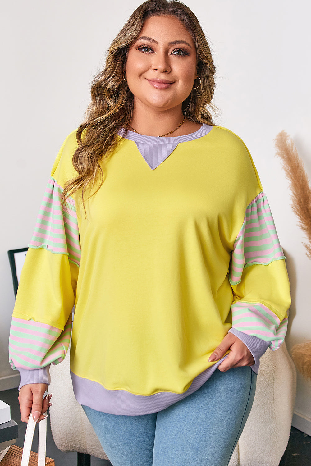 Yellow Striped Color Block Patchwork Crewneck Pullover Sweatshirt