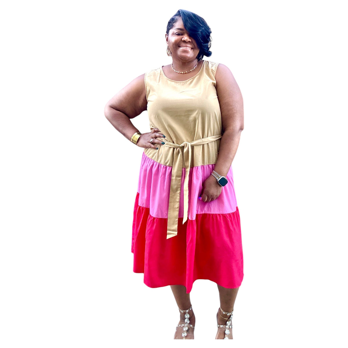 Tan Color Block Midi Tank Dress