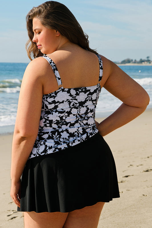 Black Printed Square Neck Drawstring Ruffled Tankini Set