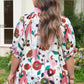 Pink V Neck Short Puff Sleeve Floral Blouse