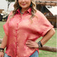 Rose Red Metallic Sheen Short Sleeve Button Up Shirt
