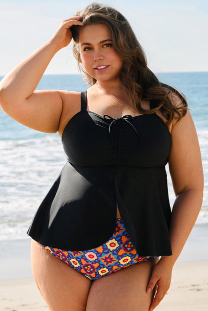 Black Drawstring Tied Front Flared Top Geometric Print Bottom Tankinis