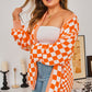 Orange Checkered Bubble Sleeve Drop Shoulder Open Cardigan