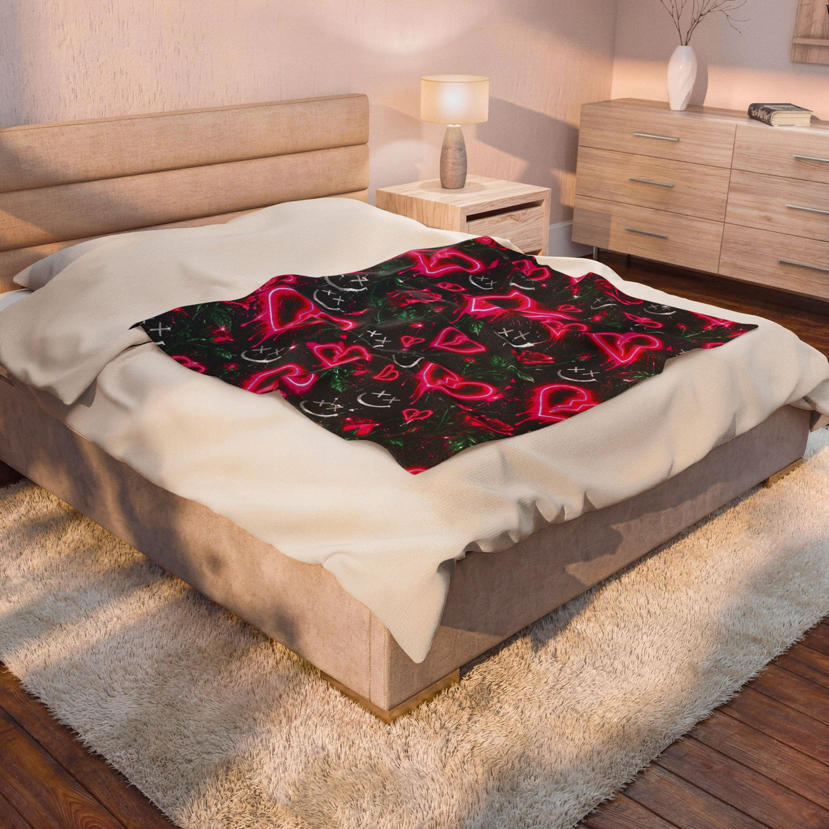 Neon Pink Heart and Rose Velveteen Plush Blanket