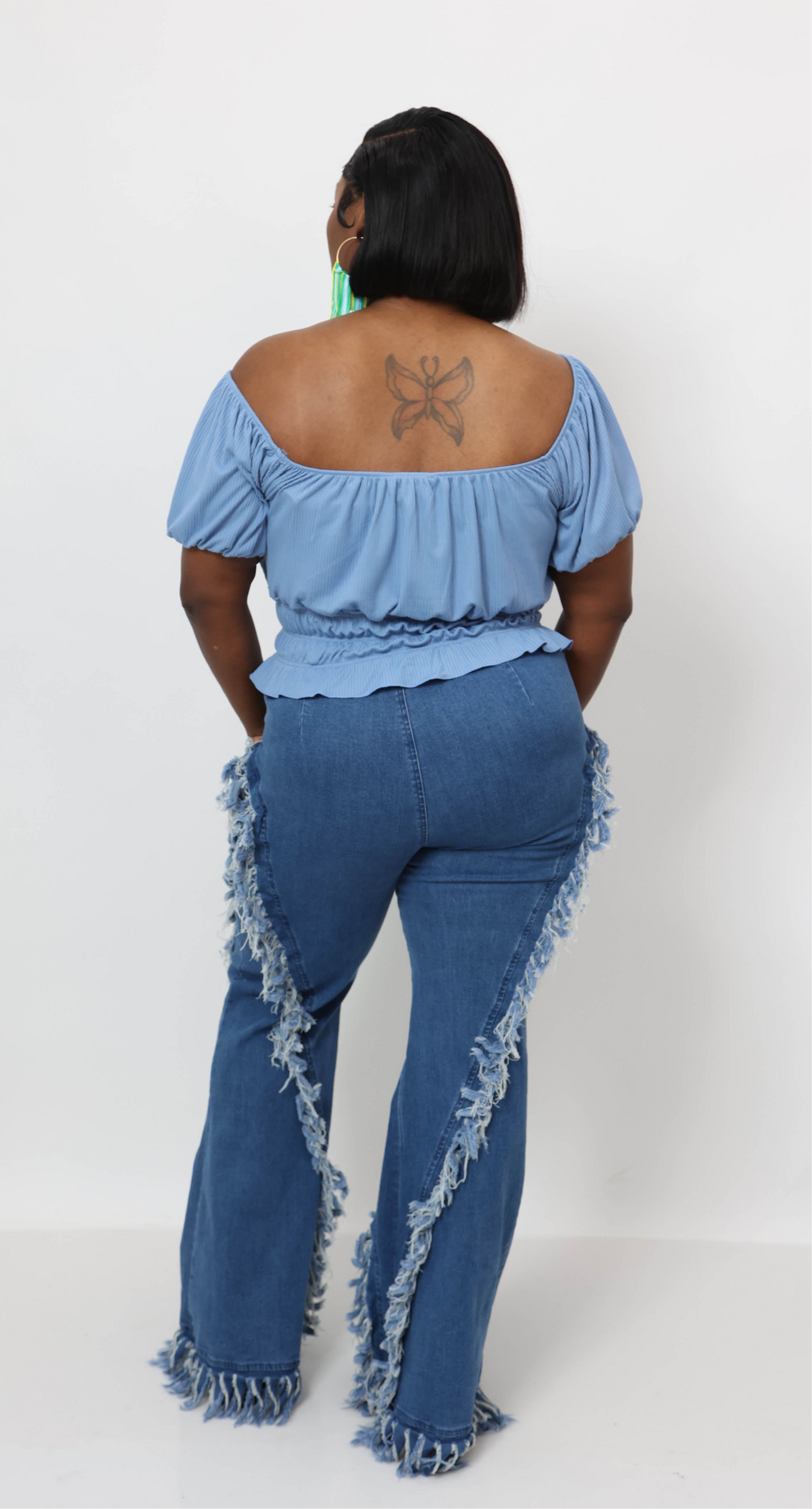 Distressed Fringe Denim Flared Pant