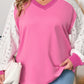 Bonbon Lace Striped Patchwork Long Sleeve Corded V Neck Top