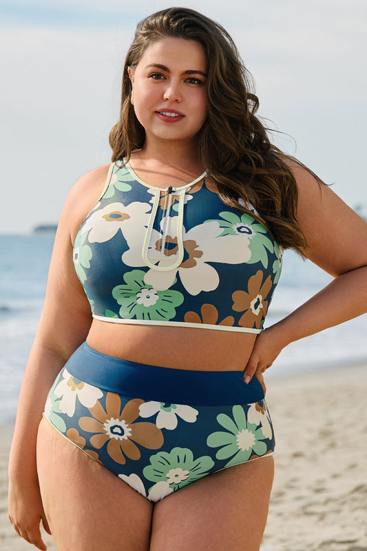 Green Floral Printed Zipped Two Pieces Bikini