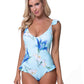 BLUE FLORAL RUFFLE TRIM ONE PIECE SWIMWEAR