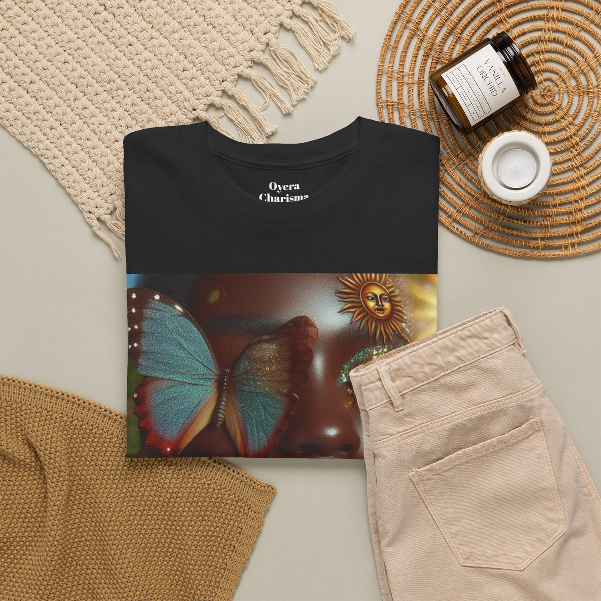 Butterfly Sunface T‑Shirt — Surreal Portrait Art Tee