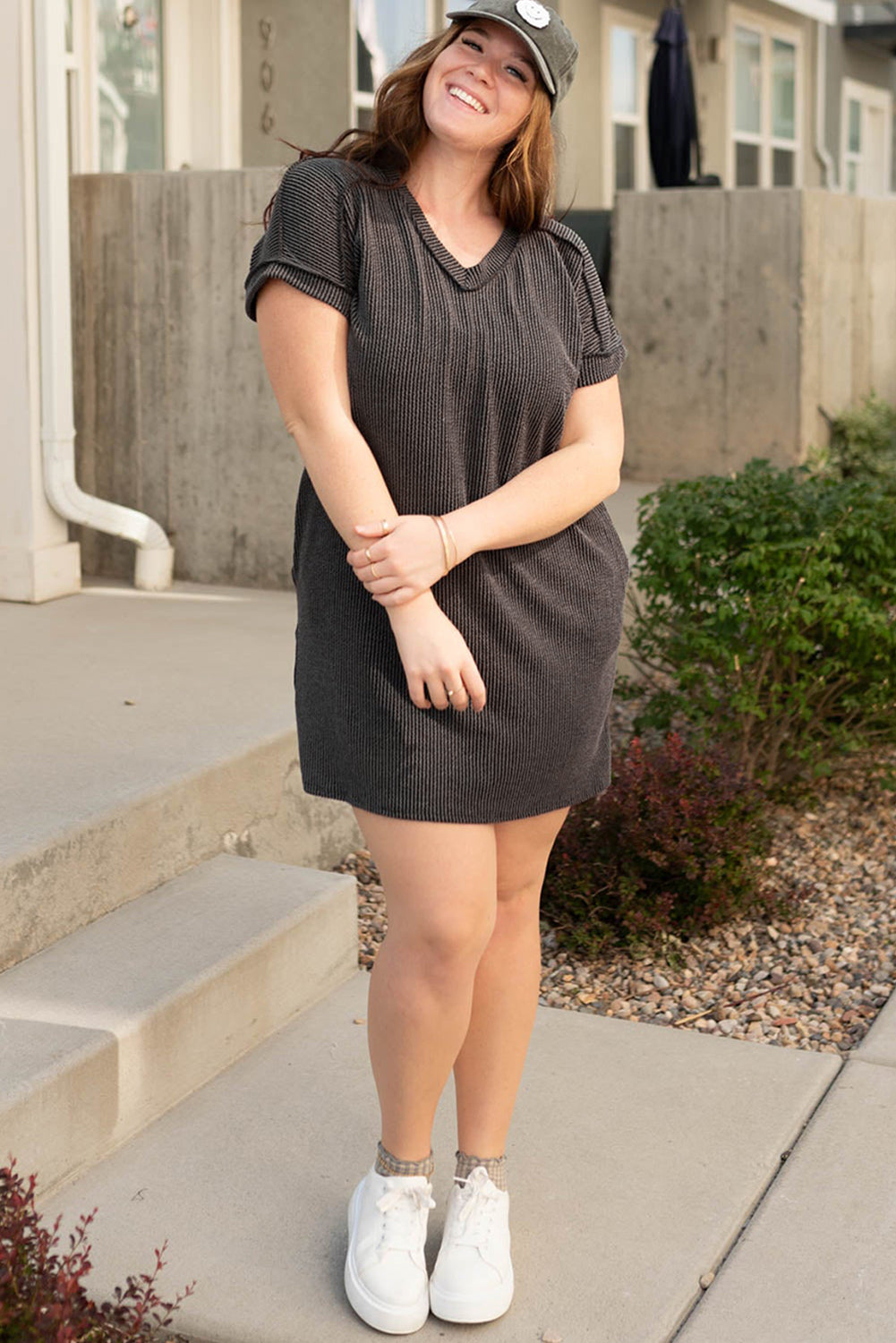 Carbon Grey Corded V Neck T Shirt Dress with Pockets