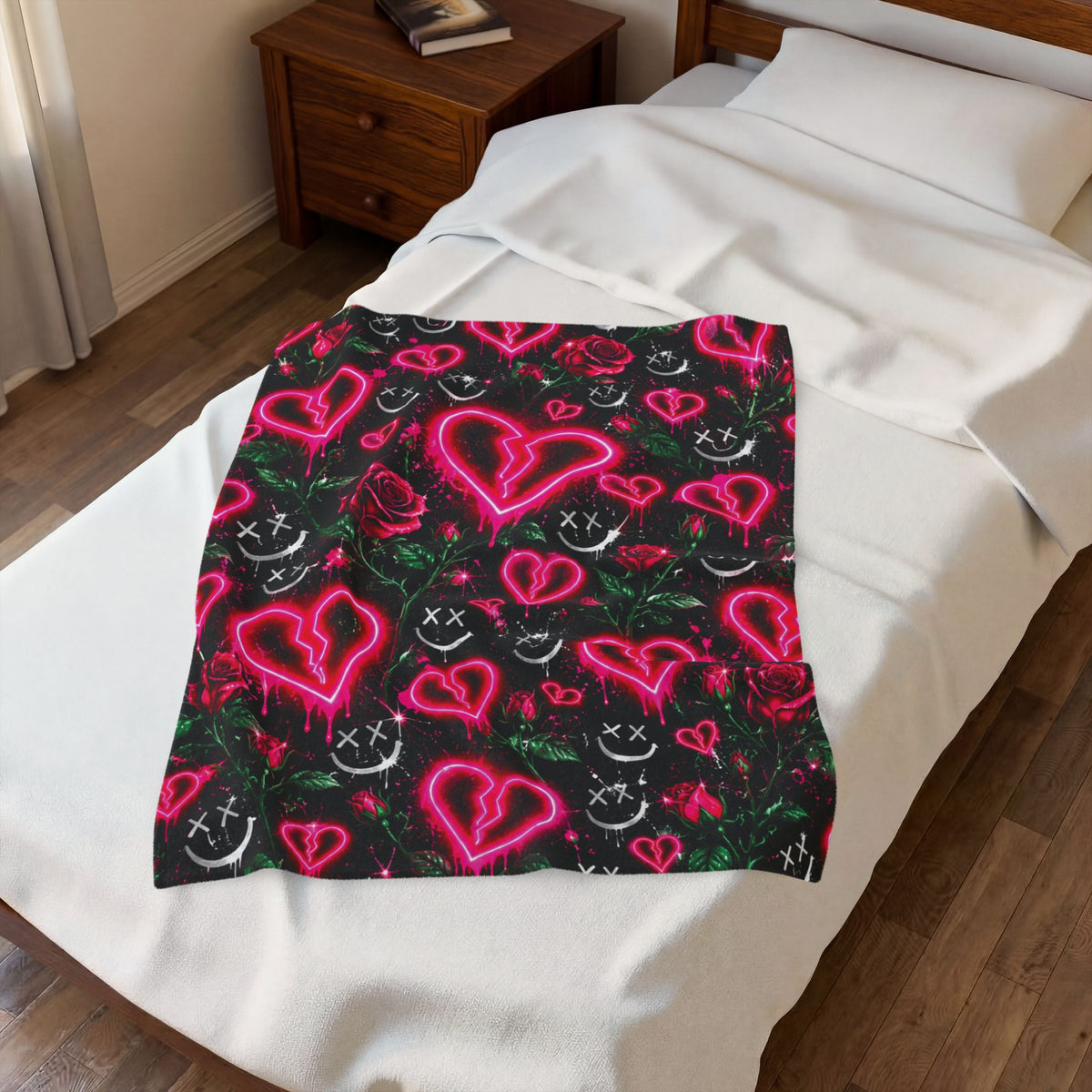 Neon Pink Heart and Rose Velveteen Plush Blanket