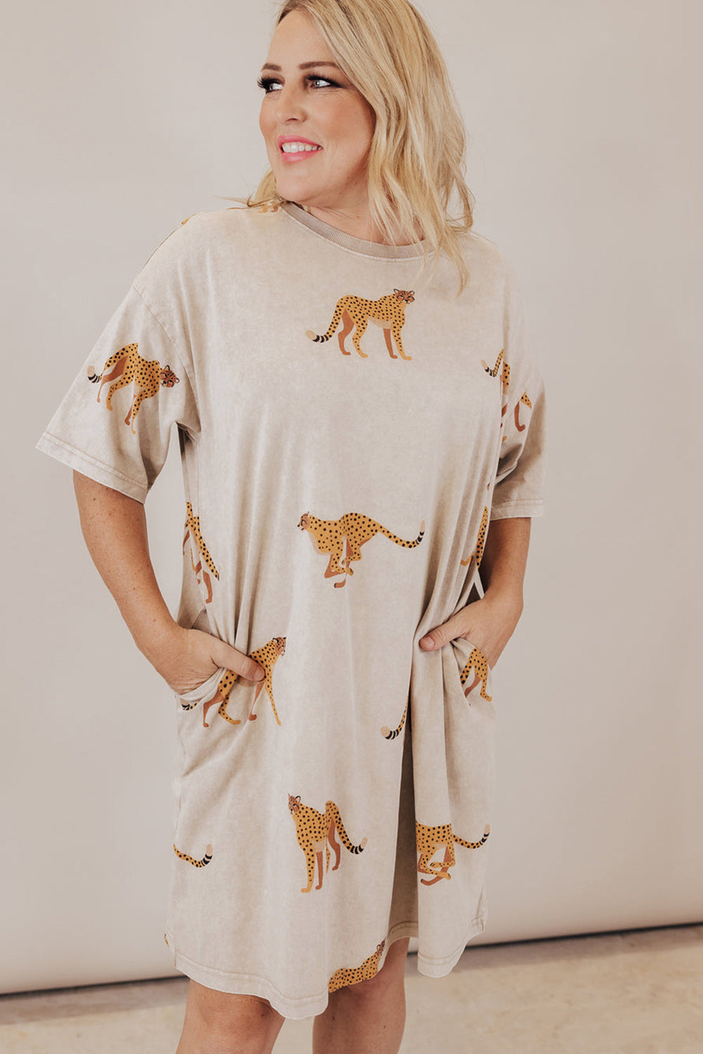 Cheetah Print Side Pockets T Shirt Mini Dress