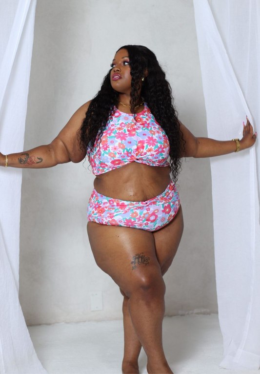Rose Floral Print Twisted High Waist Bikini Set