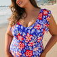 Blue Floral Print Ruffled V Neck High Waist One Piece Swimwear