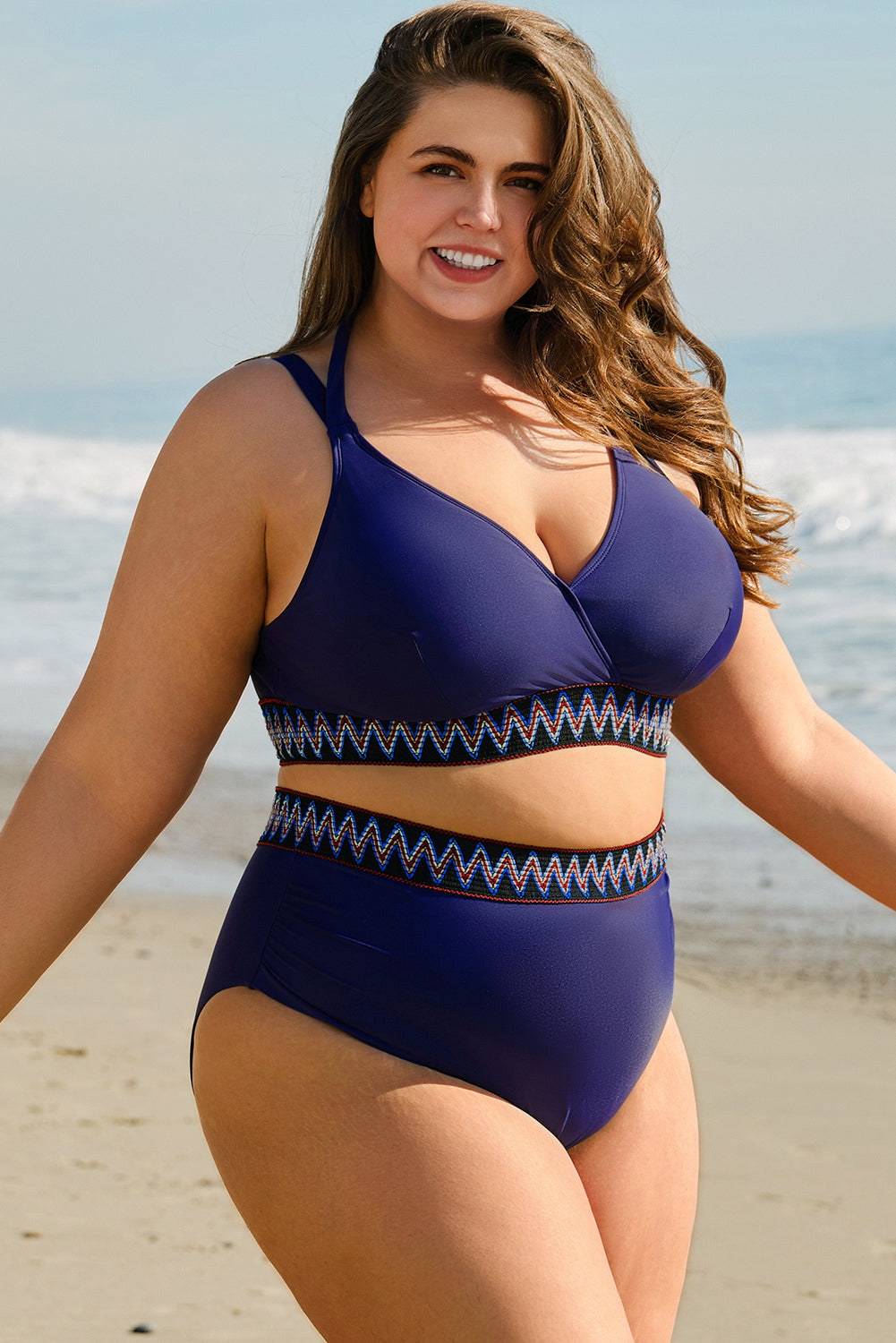 Navy Blue Embroidered Trim Wrap Tie Knot High Waisted Bikini