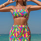 Multicolour Abstract Print Textured Spaghetti Strap High Waist Bikini Set