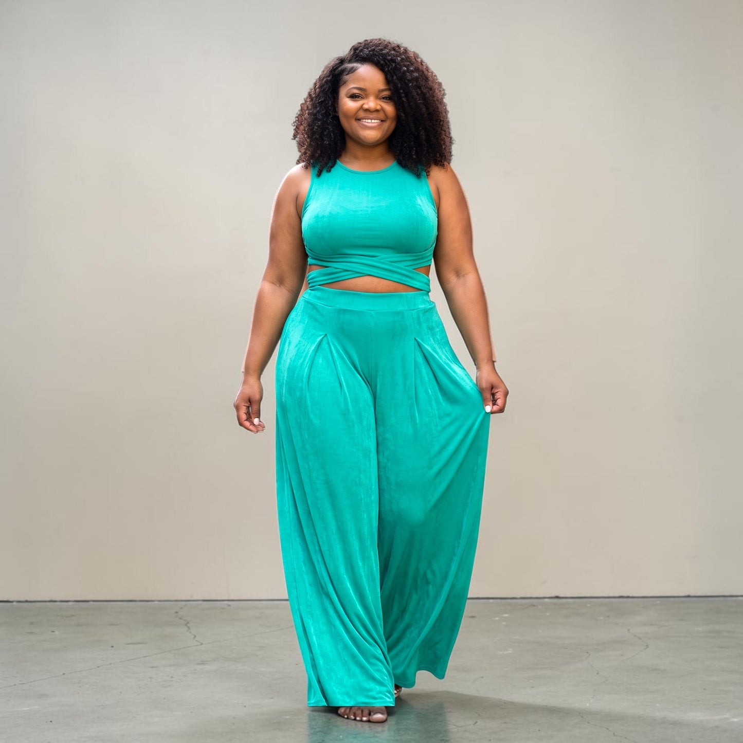 WRAP TIE CROP TOP & WIDE LEG PANTS SET