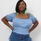 Casual Ruched Puff Sleeve Ribbed Knit Solid Top