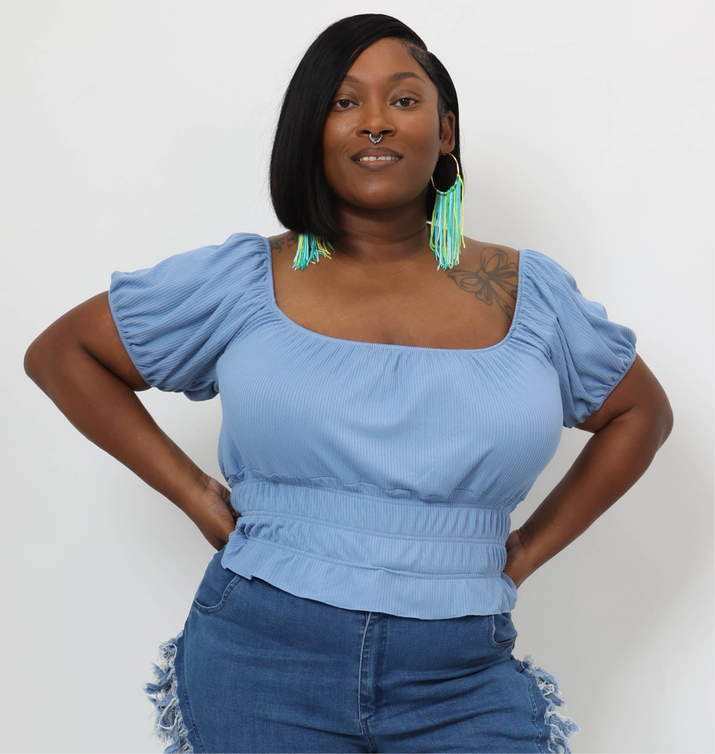 Casual Ruched Puff Sleeve Ribbed Knit Solid Top