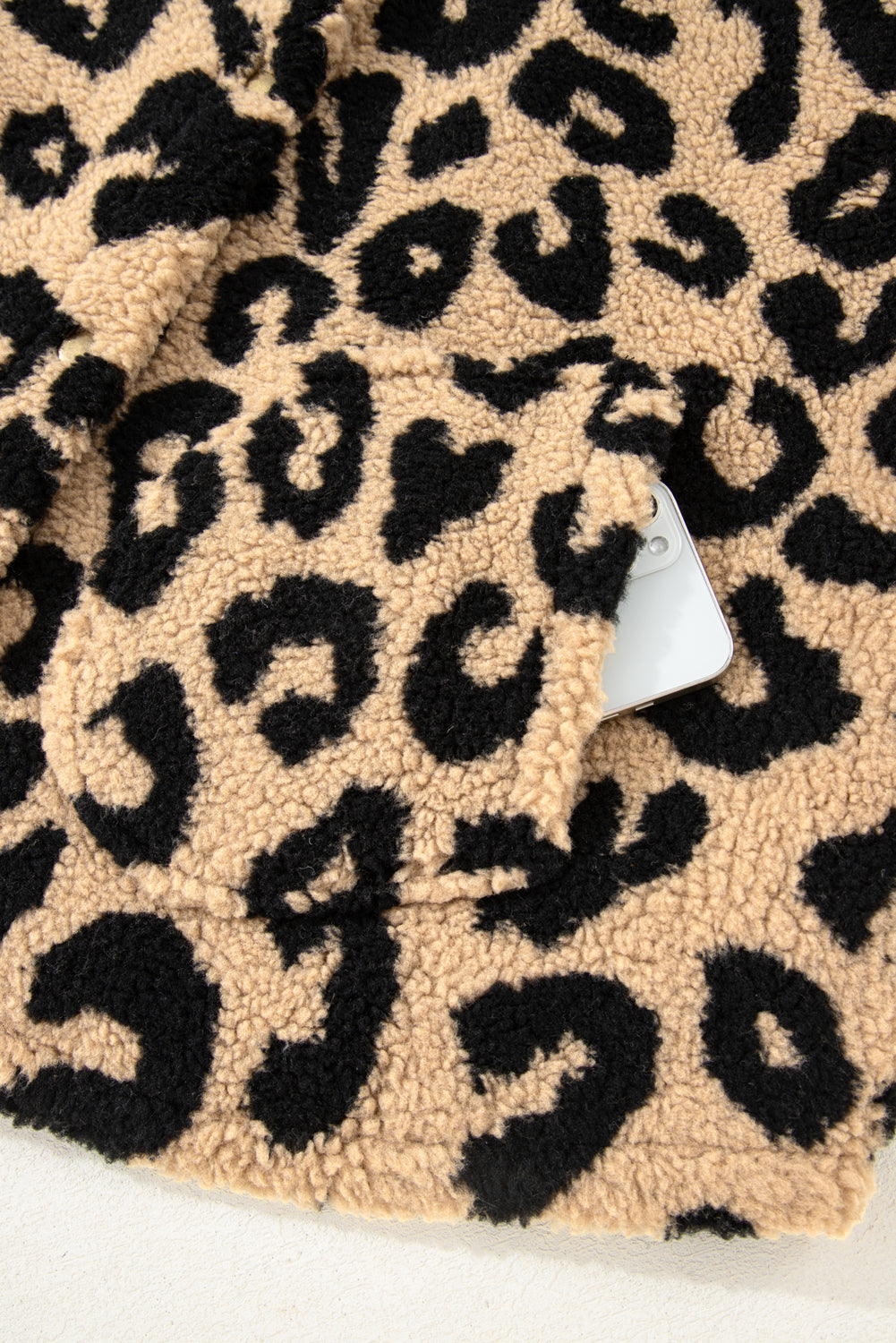 Khaki Leopard Sherpa Button Front Collared Vest Jacket