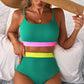 Sea Green Contrast Trim Colorblock Patchwork High Waisted Bikini