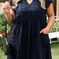 Navy Blue Dotty Textured Notched Neck Ruffled Dress