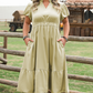 Laurel Green Notched V Neck Puff Sleeve Tiered Maxi Dress