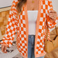 Orange Checkered Bubble Sleeve Drop Shoulder Open Cardigan