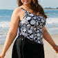 Black Printed Square Neck Drawstring Ruffled Tankini Set
