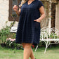 Navy Blue Dotty Textured Notched Neck Ruffled Dress