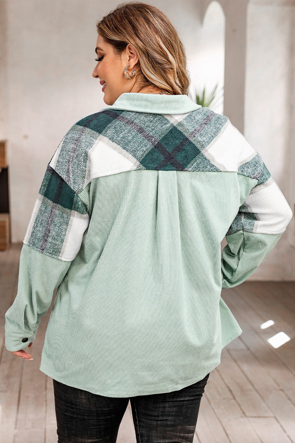 Plaid Snap Down Jacket with Pockets