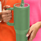 Dark Green Frosted Stainless Handle Large Vacuum Cup with Straw 40oz