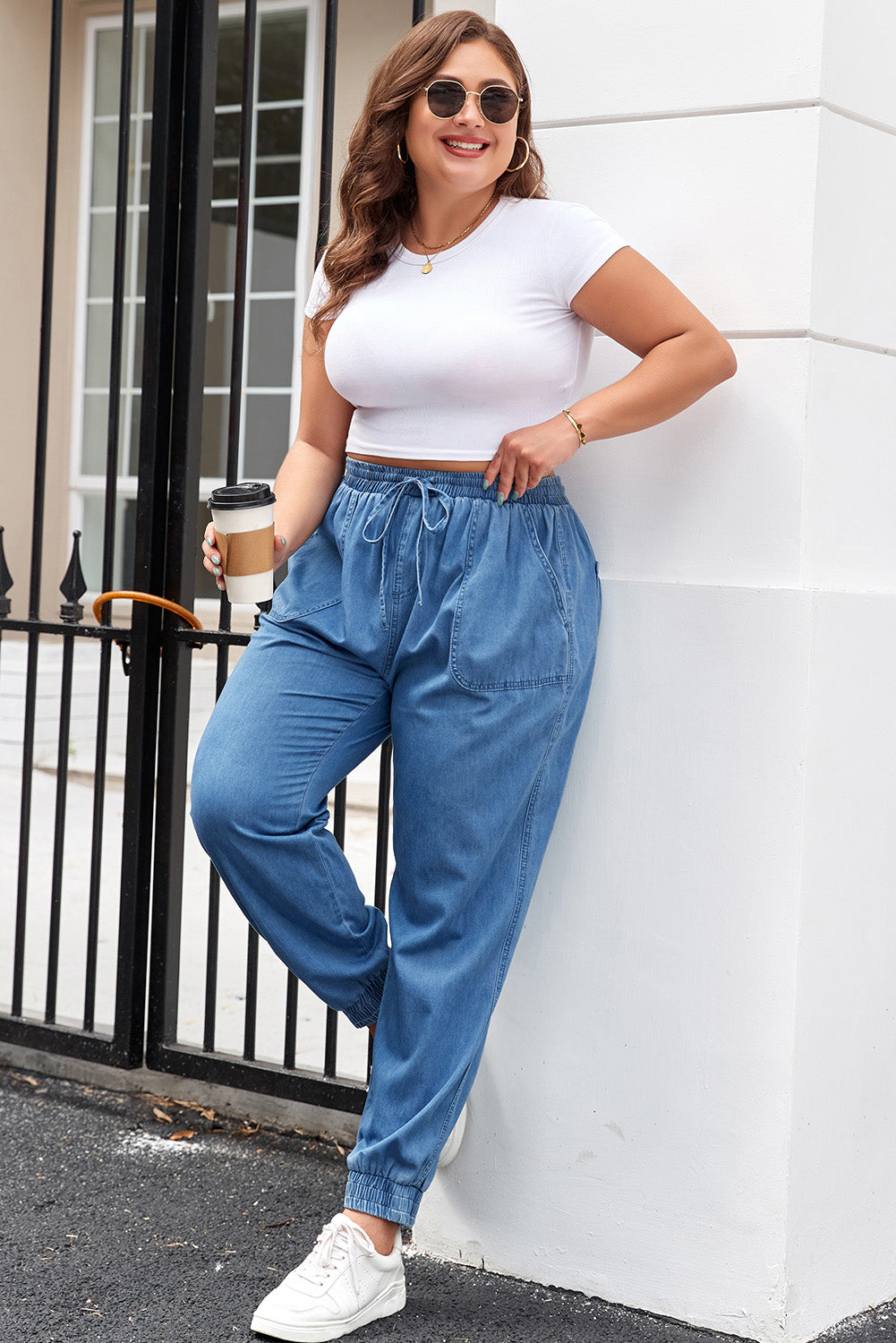 Dusk Blue Drawstring Waist Pocketed Denim Joggers